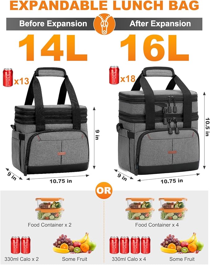 Lunch Box for Men Women Double Deck Insulated Lunch Bag for Men Woman Leakproof Expandable Cooler Bag with Adjustable Shoulder Strap for Work Picnic School(Gray‌,16L)