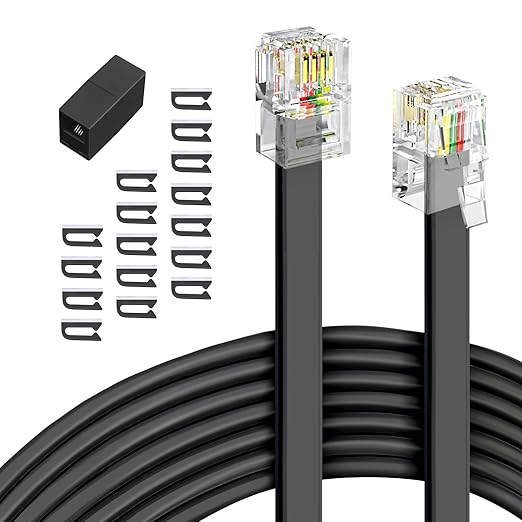 moeverEX Phone Cord 50FT, Landline Telephone Cable with RJ11 Plug, Includes Telephone Inline RJ11 Splitter and 20Pcs Cable Clips(Black)