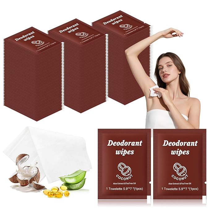 Travel Deodorant Wipes Individually Wrapped,Body Wipes to Clean Skin for Women Men（Coconut,pack of 100)