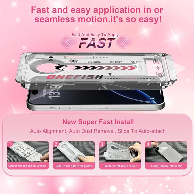 One Fish Women Fashion Screen Protector for iPhone 13 Pro with Camera Lens Protector, Diamond Bling Full Edge Coverage, HD Clarity Tempered Glass Film with Installation Frame, 9H Glass Scratch Resistant