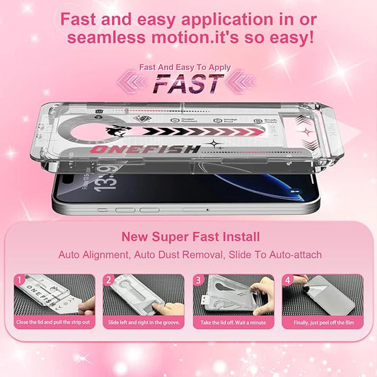 OneFish Women Fashion Privacy Screen Protector for iPhone 15 [6.1 inches] + Camera Lens Protector, Sparkling Diamond Bling Edge 9H Tempered High-Definition Glass