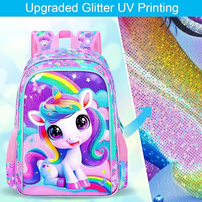 3Pcs Unicorn Backpack for Girls, 16" School Backpacks Set for Elementary Preschool Kindergarten, Kids Bookbag with Lunch Box(Pink)