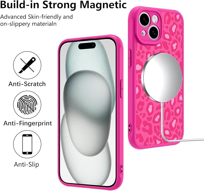KANGHAR Case for iPhone 15 Plus Hot Pink Leopard Printed Pattern Cute Cheetah [Compatible with Magsafe] Protective Magnetic Case for Girls Women 6.7"
