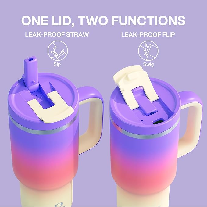 32 oz Tumbler with Handle and Straw: Stainless Steel Insulated Tumbler Keeps Cold for 24 Hours, Leakproof Travel Cup Fits in Cup Holder and BPA-Free, Peach Dream