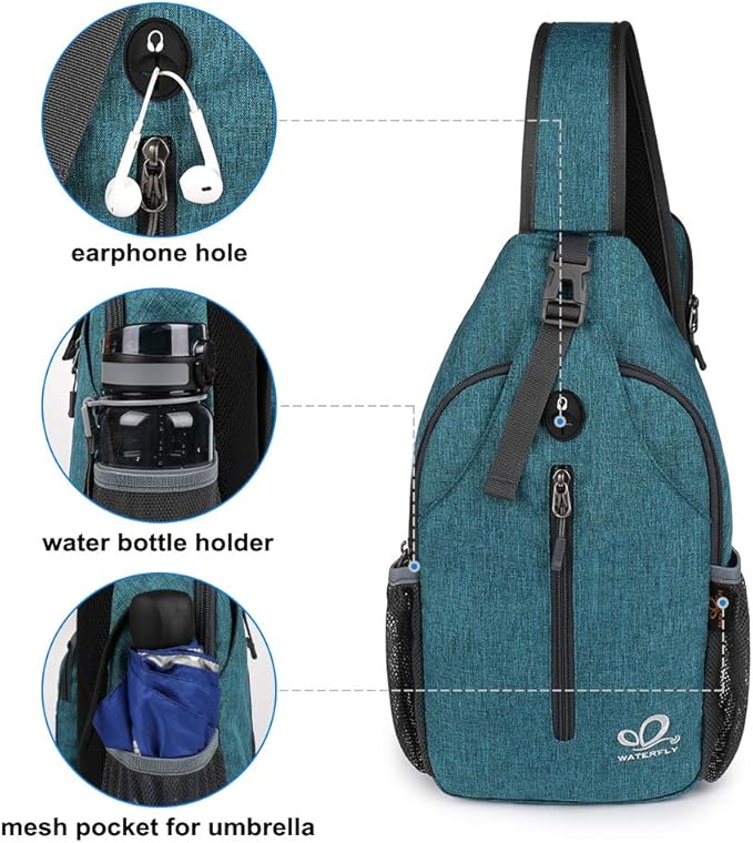 WATERFLY Crossbody Sling Backpack Sling Bag Travel Hiking Chest Bags Daypack (Teal blue)