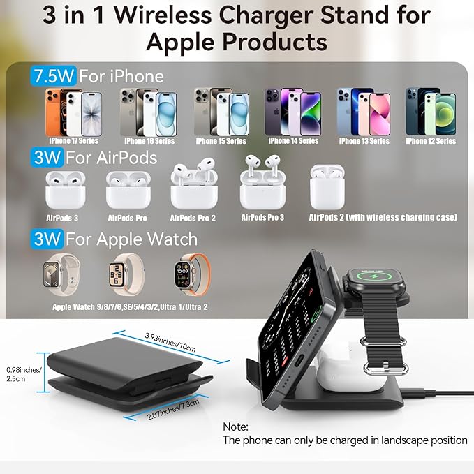 Geyo Wireless Charger Stand, 3 in 1 Foldable Fast Charging Station for Apple Multiple Devices, Compatible with iPhone 17/16/15/14/13/Pro Max/Pro/Plus/Air, for AirPods Pro 3/2/3, Watch Ultra/9/8/7