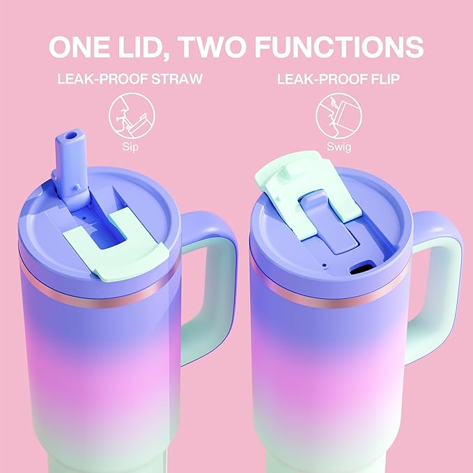 40 oz Tumbler with Handle and Straw: Stainless Steel Insulated Tumbler Keeps Cold for 24 Hours, Leakproof Travel Cup Fits in Cup Holder and BPA-Free, Frosted Lilac