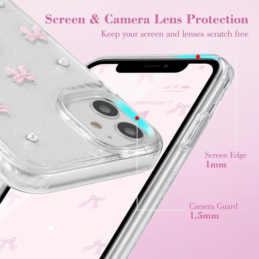 EYZUTAK Case for iPhone 11, Bling Glitter 3D Bowknot Phone Case Cute Sparkly Crystal Clear Bow Aesthetic Design Case Slim Soft Durable TPU Transparent Protective Cover for Women Girl - Pink Bow