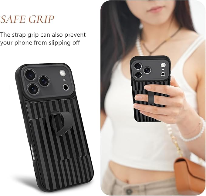 Compatible with iPhone 17 Pro Case with Finger Hand Strap Kickstand, Trendy Cool Striped Phone Case for Women Men, Full Camera Protection Shockproof Protective Cover, Black Stripes