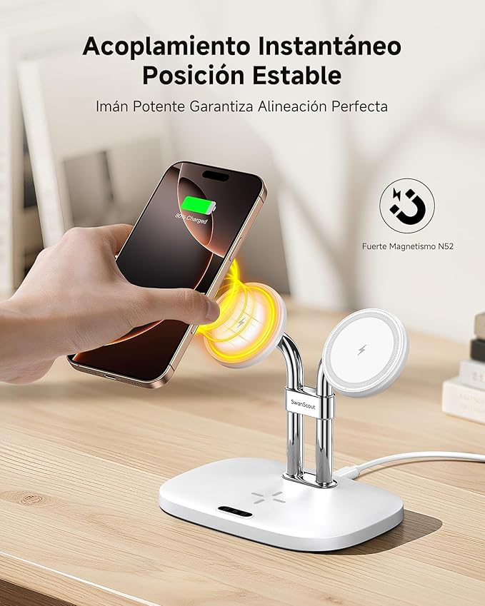Wireless Charger for iPhone Air/17, SwanScout 706M, Dual Magnetic Charger for iPhone 16/15/14/13/12 Series, Charging Station for AirPods Pro 3/2, AirPods 4/3rd (White)