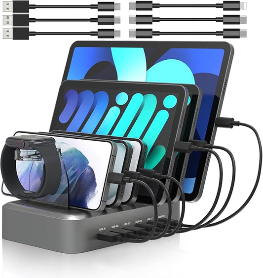 MSTJRY 90W 6-Port USB C Fast Charging Station for Multiple Devices, Multi PD Charger Station for iPhone iPad Tablet Phone, Charging Dock Organizer with Adjustable Dividers for Home Office Classroom
