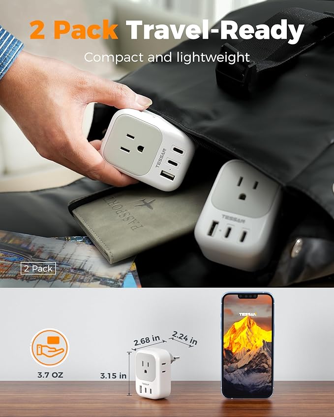 Switzerland Travel Plug Adapter 2 Pack, TESSAN Type J Switzerland power adapter with 4 Outlets 3 USB (2 USB-C), Swiss Plug for US to Rwanda Jordan Liechtenstein Madagascar, Travel Essentials