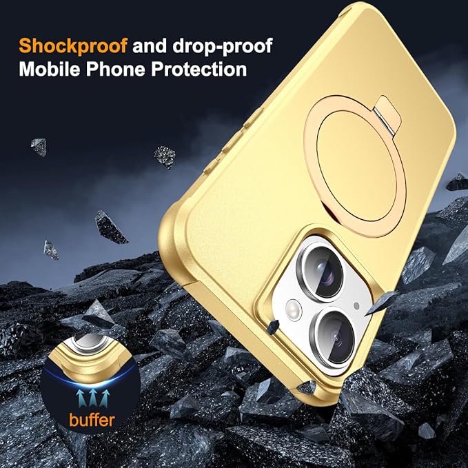 Compatible with iPhone 13 Case & iPhone 14 Case with Invisible Magnetic O-Ring Stand Phone Cases for 13 & 14 6.1" [Compatible with Mag-Safe][Great Grip Feeling], Gold