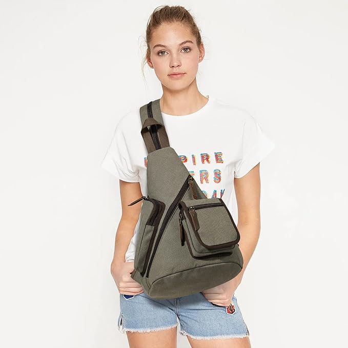 KL928 Canvas Sling Bag - Casual Crossbody Shoulder Daypack Rucksack Backpack for Men Women, Olive Green