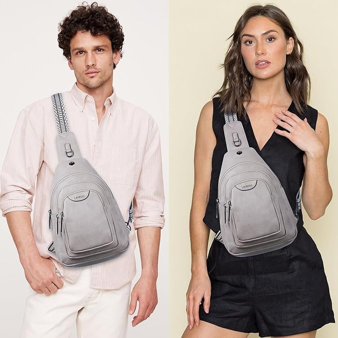 Crossbody Sling Bag for Women Men Anti Theft Cross Body Fanny Pack Belt Bag Purse Gifts for Women Faux Leather, Light Grey