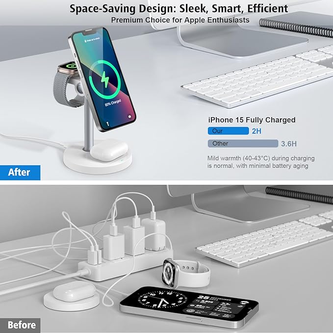 3 in 1 Wireless Charging Station for Multiple Devices, 15W Fast Magnetic Wireless Charger Stand with Adjustable Angle, Compatible with iPhone12-16 Series, Apple Watch, AirPods - Gifts for Men &Women
