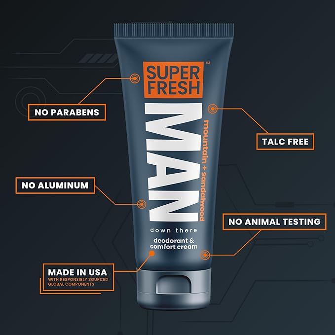 Super Fresh Ball Deodorant Lotion for Men Groin Butt and Body Hygiene Cream Controls Odor Prevents Chafing Aluminum Free Daily Freshness and Comfort Powder Lotion Formula in Convenient 4 oz Tube