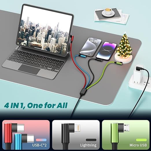 Travel Essentials 90 Degree Multi Charging Cable [2Pack 5FT], Right Angle 4 in 1 Charging Cable, USB Cable Charging Cords with IP/Type C/Type C/Micro Port, Compatible with Most Cell Phones and More
