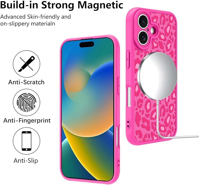 KANGHAR Case for iPhone 16 Hot Pink Leopard Printed Pattern Cute Cheetah [Compatible with Magsafe] Protective Magnetic Case for Girls Women 6.1"