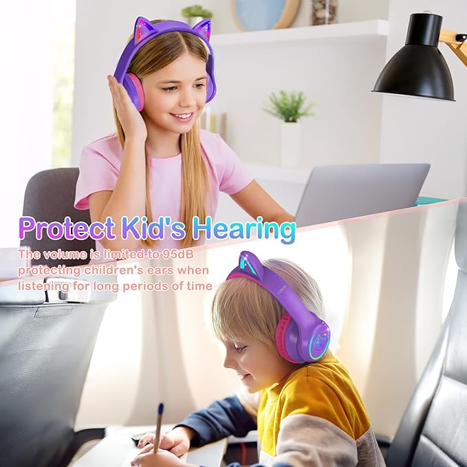 LOBKIN Bluetooth 5.4 Kids Headphones with Case - RGB LED Light Up Cat Ears Foldable Adjustable Over Ear Headphone Support Wireless or 3.5mm Wired Mode for Toddler & Girls & Boys Teens