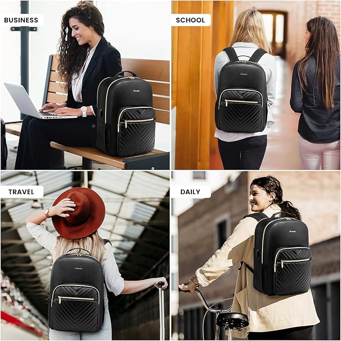 LOVEVOOK Laptop Backpack Purse for Women, Large Capacity Travel Computer Work Bag, Faux PU Leather Quilted Casual Nurse Backpack for Womens, Fit 15.6 Inch Laptop with USB Port, Black