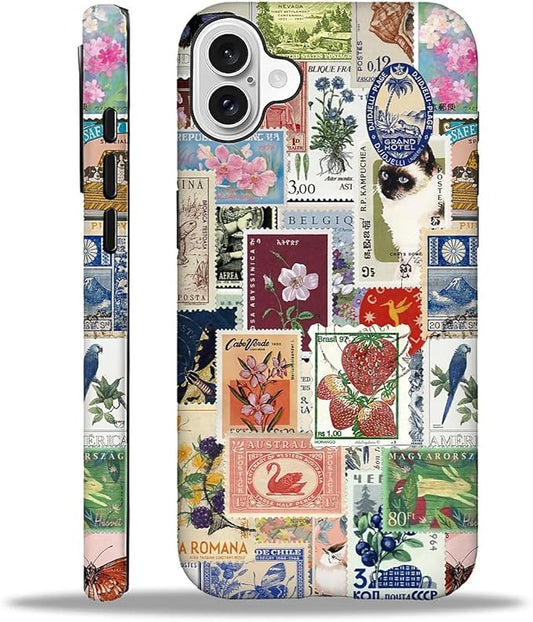 Case for iPhone 16 Plus,Vintage Stamp Collage for Woman Men Full Body Protective Cover Shockproof 2 in 1 Silicone + Hard PC Case for iPhone 16 Plus