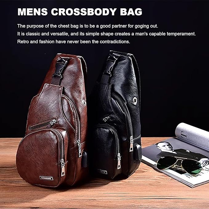 Peicees Leather Sling Bag Mens Crossbody Bag Chest Bag Sling Backpack for Men with USB Charge Port