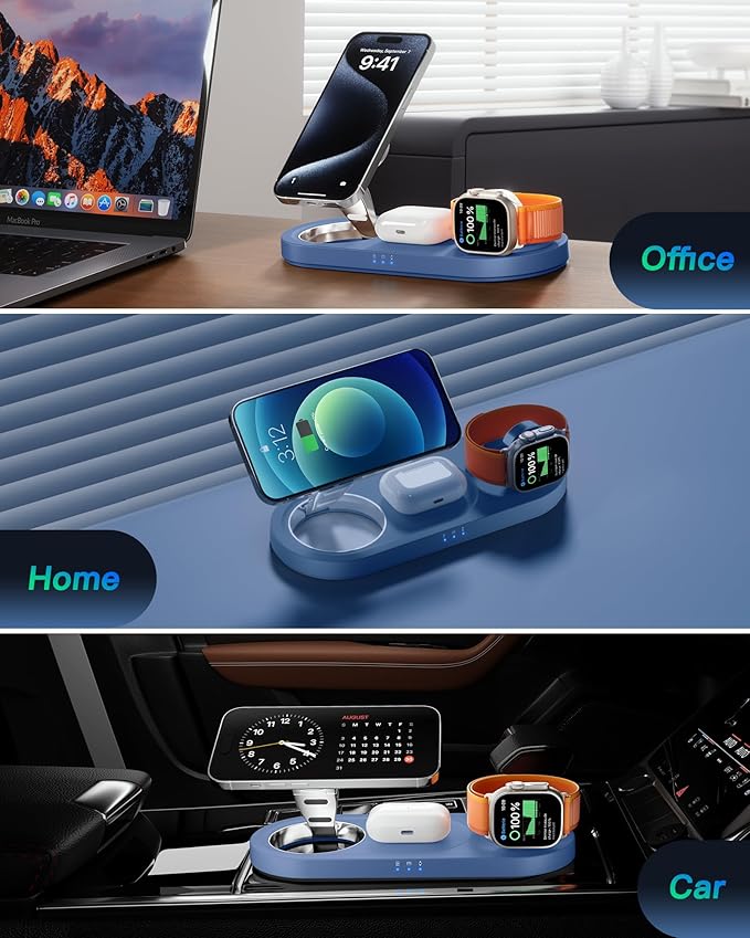 Upgraded 3 in 1 Wireless Charging Station for Apple Devices, Faster Mag-Safe Charger Stand, Magnetic Charger Station for iPhone 16/15/14/13/12 Series & AirPods Pro & Apple Watch Series (Sapphire Blue)