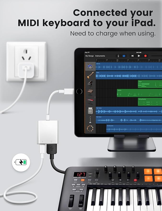 USB Adapter for iPhone iPad, iPhone to USB Adapter with Charging Port, USB3 Female Adapter Supports USB Flash Drive/Hard Disk/SD Card Reader/Microphone and MIDI, Plug & Play