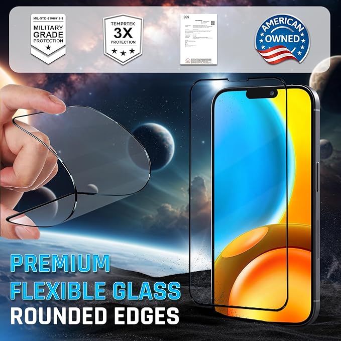 TEMPRTEK+ 2 Pack for iPhone 15 Plus Simple Screen Protector Privacy 9H Military Grade Scratch Fingerprint Resistance Anti-Glare Shatterproof Tempered Glass Anti-Spy Easy Installation Bubble Free