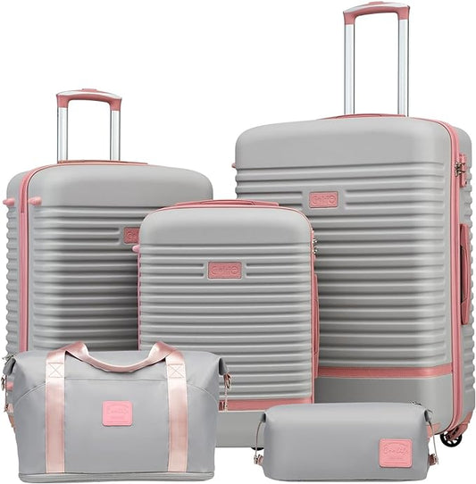 Coolife Suitcase Set 3 Piece Luggage Set Carry On Travel Luggage TSA Lock Spinner Wheels Hardshell Lightweight Luggage Set(Gray+Pink, 5 piece set)