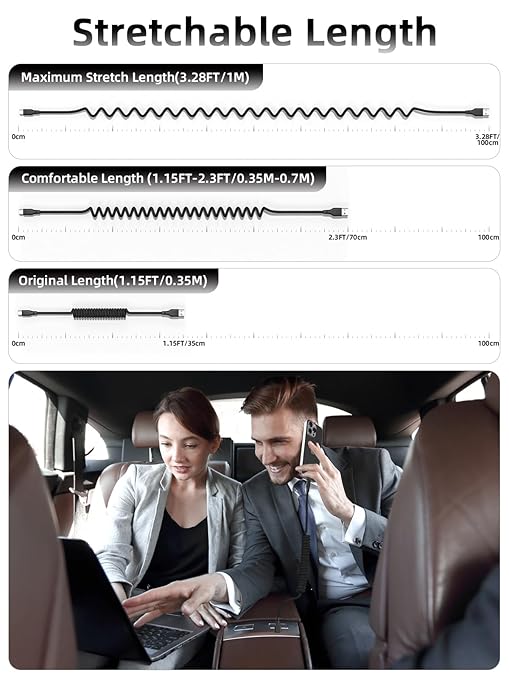 Car Carplay Cable 2Pack 3ft Coiled USB A to USB C Fast Charge Cord for iPhone 17/16/15/Plus/Pro Max/MacBook Pro, Auto Coiled Retractable iPhone Car Cord