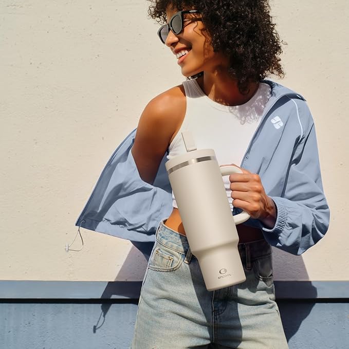 40 oz Tumbler with Handle and Straw: Stainless Steel Insulated Tumbler Keeps Cold for 24 Hours, Leakproof Travel Cup Fits in Cup Holder and BPA-Free, Cream Moon