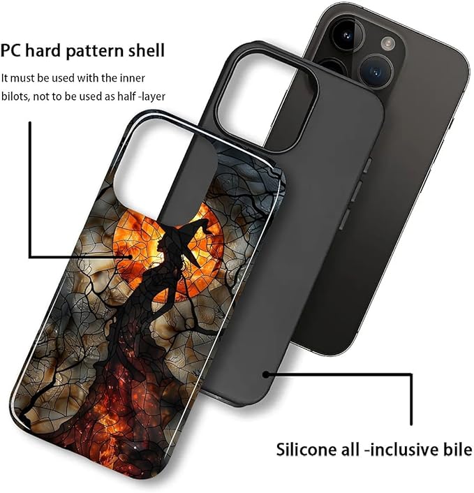 Case for iPhone 13 Pro Case,Halloween Witch Moon Stained Glass Design Hybrid Dual Protection Silicone + Hard PC Shockproof Full Body Cover Slim Anti-Scratch Protective Case for Men Women