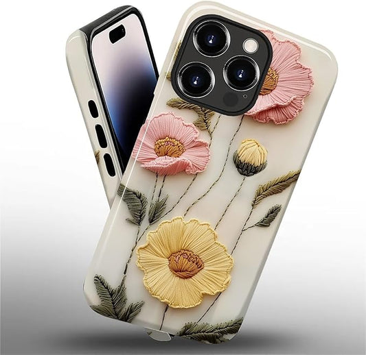Case for iPhone 14 Pro Case,Faux Embroidery Boho Floral Design - Hybrid Dual Protection Silicone + Hard PC Shockproof Full Body Cover Slim Anti-Scratch Protective Case for Men Women