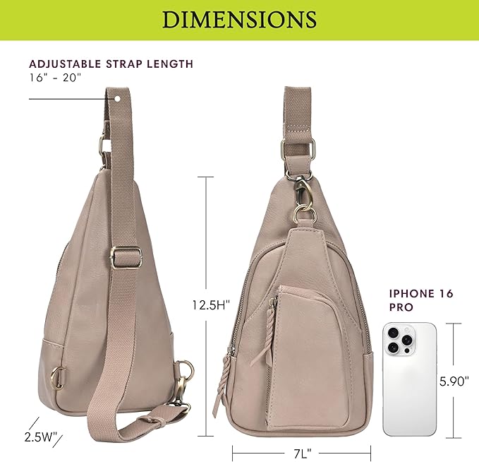 Antik Kraft Tasha Crossbody Sling (Taupe) | Vegan Leather Crossbody Bag for Women with 16-20" Strap | Sling Bags for Women with Durable Antique Brass Hardware | 7in x 2.5in x 12.5in |