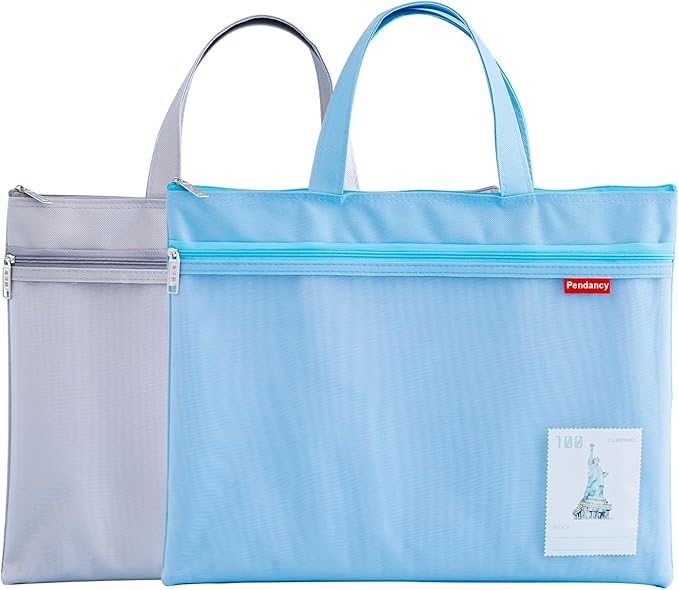 Pendancy Mesh Zipper Pouch 11x13.7 in, 2 pcs Large Double Pocket Waterproof File Bag with Handle, A4 Size Foldable Document Storage for Puzzle Project/Cross Stitch/Travel/Office（Gray Blue）