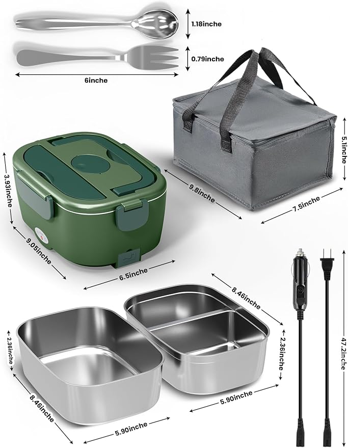 Electric Lunch Box for Adults, 80W Fast Heated Lunch Box with Dual 1.5L Stainless Steel Containers, Portable Food Warmer with Insulated Bag for Car/Office/Outdoor - Lonchera Eléctrica Portátil