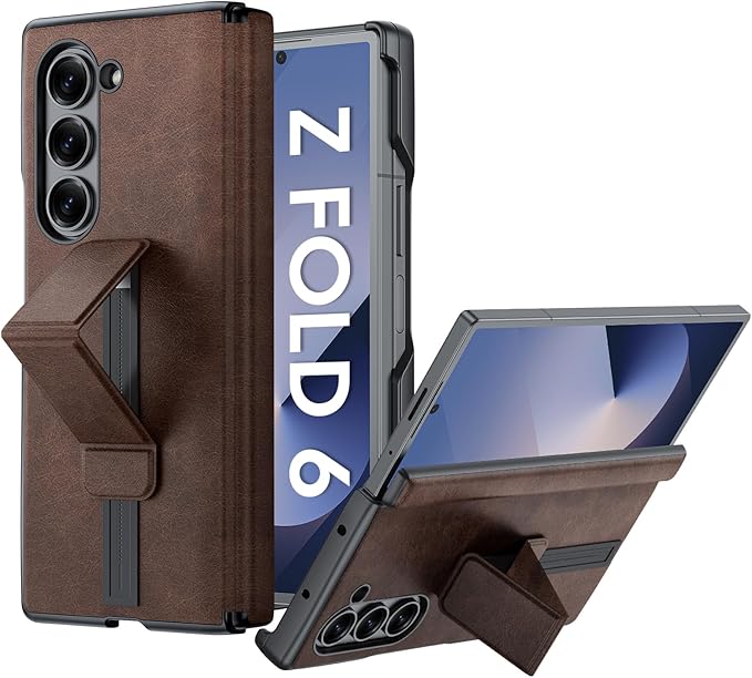 for Samsung Galaxy Z Fold 6 Case with Hand Strap & Kickstand & Hinge Protection, Ultra Slim Skin Feel Pattern Printing Full Body Shockproof Phone Case for Z Fold 6, No Screen Protector (Vintage Brown)