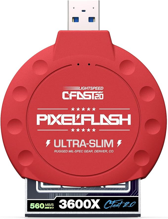 PixelFlash CFast 2.0 Card Reader (Red) - Memory Card Adapter with USB 3.0, 500Mb/s File Transfer, Ultra-Slim & Anti-Slip Rubber Shell, Compatible with Most Brands & OS