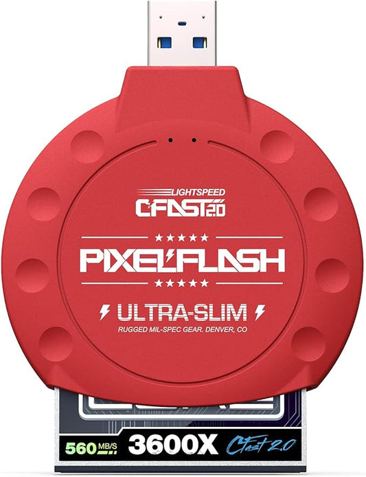 PixelFlash CFast 2.0 Card Reader (Red) - Memory Card Adapter with USB 3.0, 500Mb/s File Transfer, Ultra-Slim & Anti-Slip Rubber Shell, Compatible with Most Brands & OS