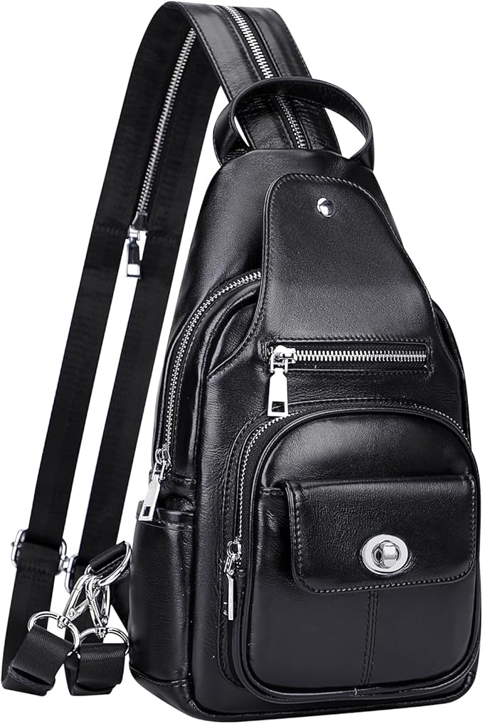 Over Earth Genuine Leather Sling Bag for Women Men Crossbody Backpack Small Chest Bags(O212E Classic Black)