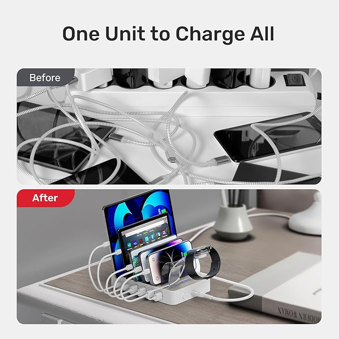 Unitek Multi USB Charging Station - 6 Port USB C Charging Dock with 2 PD 20W, Multiple Devices Charging Station Organizer for iPad, iPhone, iWatch, Samsung, Tablets and More