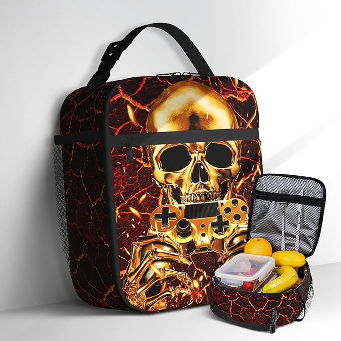 Video Game Lunch Box Skull Fire Cooler Insulated Reusable Portable Box Waterproof Leakproof Lunchbox for Boys Girls Kids Picnic Hiking Beach Travel Office