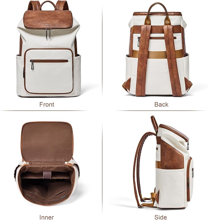 Leather Laptop Backpack for Women, 15.6 Inch Travel Backpack with Laptop Compartment, Casual Daypack Fashion Travel Backpack Purse for Travel College Work, Beige Brown