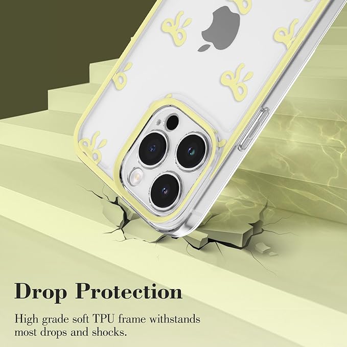 EYZUTAK Case for iPhone 14 Pro, Clear Cute Ribbon Bowknot Pattern Aesthetic Transparent Phone Case Raised Camera Protection Stylish Slim Soft Durable TPU Protective Cover for Women Girls - Yellow