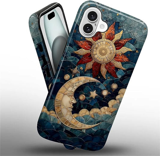 Case for iPhone 16 Plus Case,Sun Moon Stars Faux Stained Glass Design Hybrid Dual Protection Silicone + Hard PC Shockproof Full Body Cover Slim Anti-Scratch Protective Case for Men Women