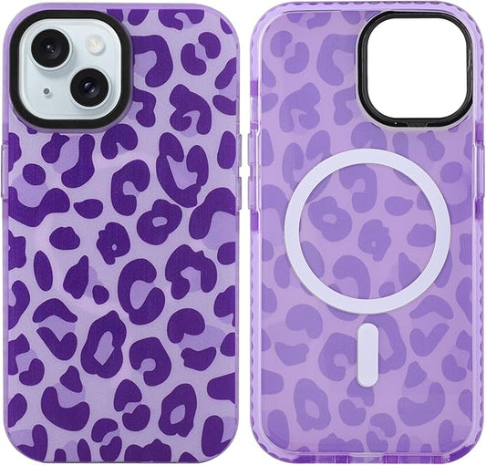 SAKUULO Magnetic for iPhone 15 Case Dark Purple Leopard Print Pattern [Compatible with MagSafe] Wireless Charge Strengthen Protection Cover, Purple Leopard (6.1")