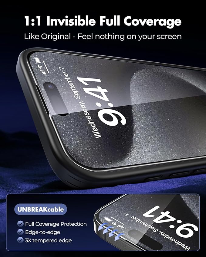 UNBREAKcable 3-Pack Screen Protector for iPhone 15 Pro Max Tempered Glass - [One-Pull Perfection] [Auto Dust-Elimination] [9H+ Hardness] [99.99% HD Clear] Full Coverage for iPhone 6.7 inch