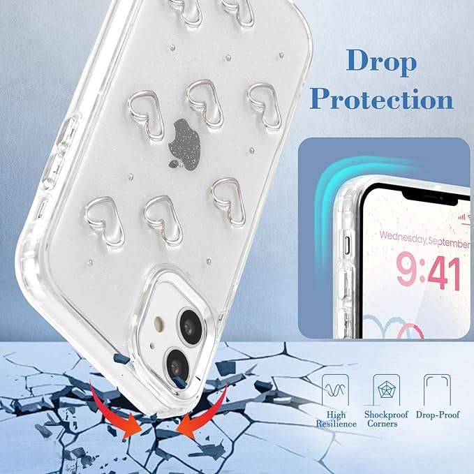 EYZUTAK Case for iPhone 12/iPhone 12 Pro, Bling Glitter 3D Hearts Phone Case Cute Sparkly Crystal Clear Heart Aesthetic Design Case Slim Soft Durable TPU Transparent Protective Cover for Women - Heart